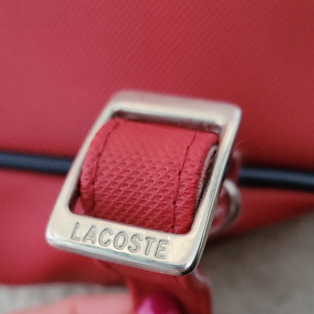 Lacoste Red Vinylon Crossbody Bag with Embossed Logo and Navy Rib Trim - Picture 5 of 9
